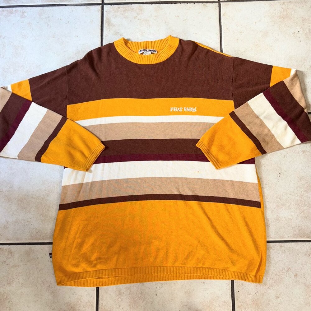 Phat Farm Vintage Striped Knit Sweater XXL Yellow Brown Retro Hip Hop 90s Y2K
